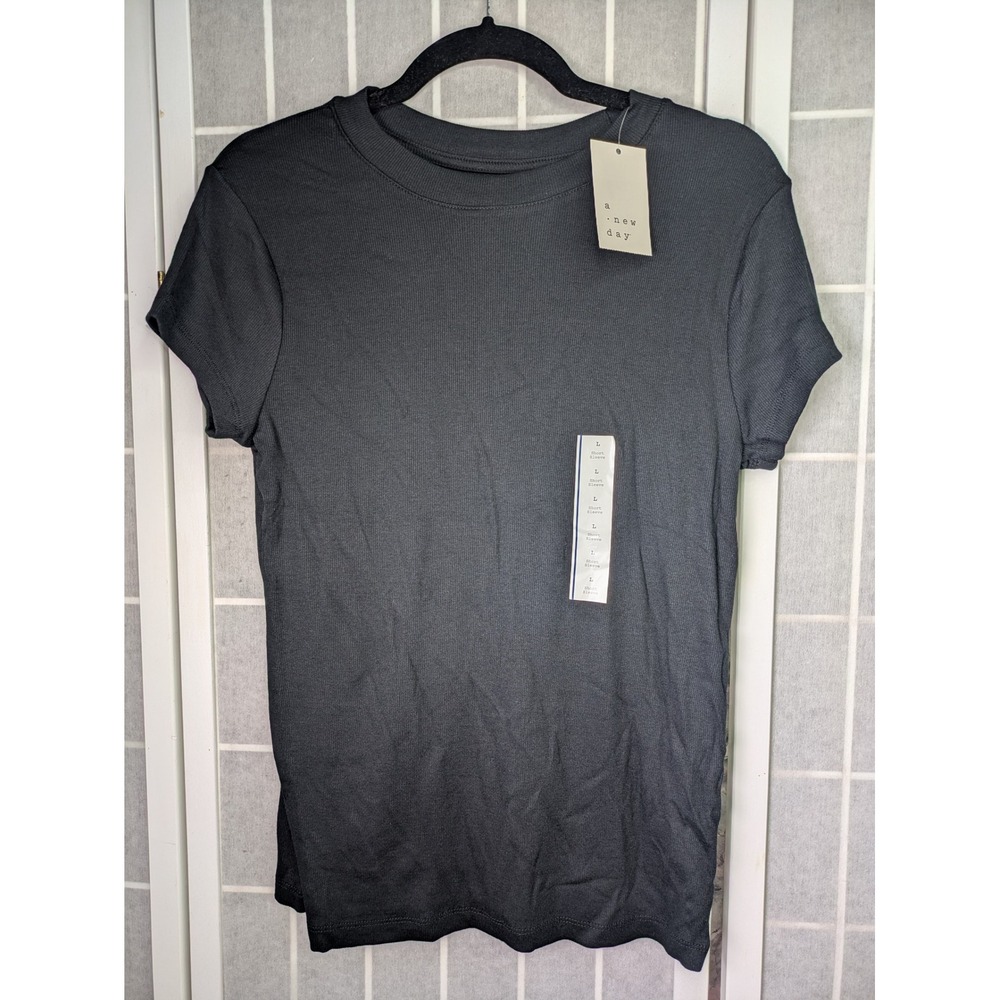 A New Day Womens Black Ribbed Short Sleeve Crew Neck T-Shirt Large NWT Capsule